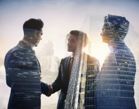 Double exposure image of business people with a modern city. Concept of teamwork, AI generated
