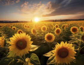 Sunflower field on sunny nature background.. Sunflower agricultural field, AI generated