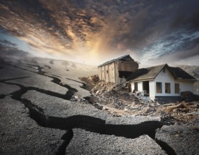 Earthquake - natural disaster with crack in the ground and rubble, AI generated