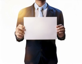 Hand holding a sheet of paper in hand.. AI generated image, ai