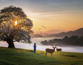 A tranquil rural landscape featuring a blooming tree, two deer grazing, misty hills, and a vibrant