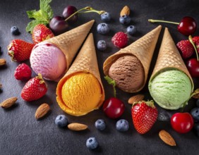 Variety of ice cream portions with different flavor, AI generated