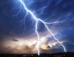 Strike of lightning in the night sky, AI generated