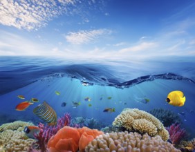 Scuba diver diving over coral tropical reef, with colorful sea fish beautiful ocean ecosystem, AI