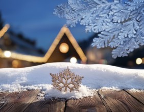 Vintage wooden table in front of a blurry winter holiday background, AI generated