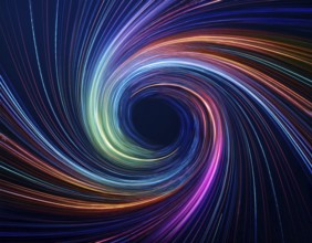 Abstract art depicting vibrant streaks of light forming a swirling vortex against a dark