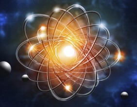 A vibrant illustration of an atomic structure with colorful spheres and connections, illuminated