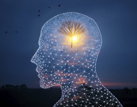 A creative representation of a human head silhouette incorporating an illuminated brain. The image