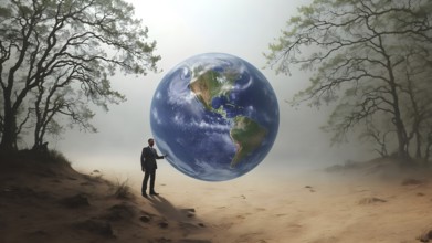 Person thinking about meaning of life. Man and the globe Earth, AI generated