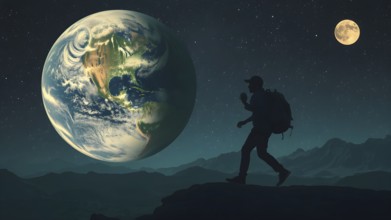 Person thinking about meaning of life. Man and the globe Earth, AI generated