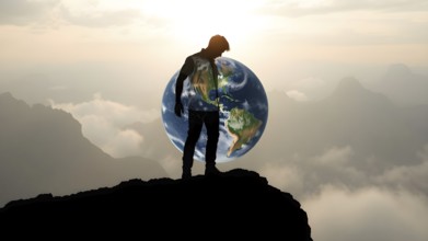 Person thinking about meaning of life. Man and the globe Earth, AI generated