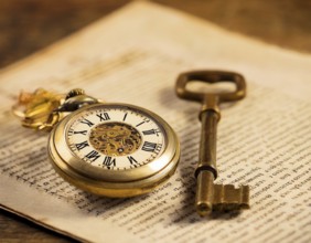 A classic golden pocket watch and ornate key resting atop an aged newspaper, symbolizing time and