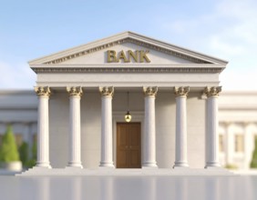 Bank building facade with classical columns, symbolizing finance, economic stability, investment