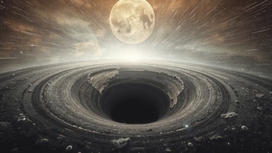 Black hole against starfield, artwork. Multiverse travel, time, black hole, universe, dimension, AI