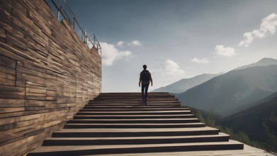 Man climbing up stairs towards an open door in the sky with clouds. Ladder of Success. AI generated