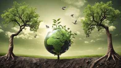 Saving environment planting trees, ecology concept. World Earth Day. AI generated image, ai