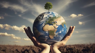 Saving environment planting trees, ecology concept. World Earth Day. AI generated image, ai