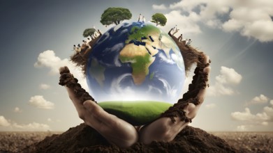 Saving environment planting trees, ecology concept. World Earth Day. AI generated image, ai