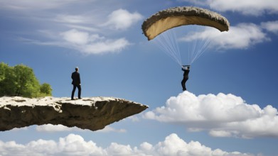 Concept of business, risk taking, safety, challenge, concentration. Surreal adventure, epic scene