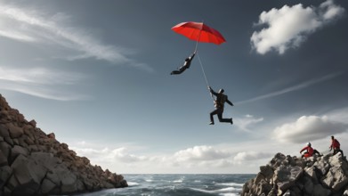 Concept of business, risk taking, safety, challenge, concentration. Surreal adventure, epic scene