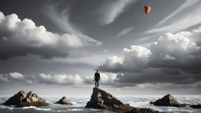 Concept of business, risk taking, safety, challenge, concentration. Surreal adventure, epic scene