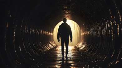 Silhouette of a man on the edge of the wood tunnel looking down. Silhouette in a subway tunnel.
