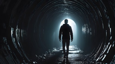 Silhouette of a man on the edge of the wood tunnel looking down. Silhouette in a subway tunnel.