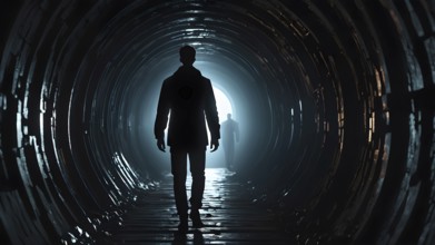Silhouette of a man on the edge of the wood tunnel looking down. Silhouette in a subway tunnel.