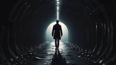 Silhouette of a man on the edge of the wood tunnel looking down. Silhouette in a subway tunnel.