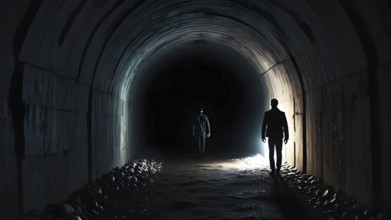 Silhouette of a man on the edge of the wood tunnel looking down. Silhouette in a subway tunnel.
