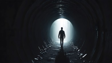 Silhouette of a man on the edge of the wood tunnel looking down. Silhouette in a subway tunnel.