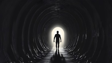 Silhouette of a man on the edge of the wood tunnel looking down. Silhouette in a subway tunnel.
