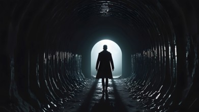 Silhouette of a man on the edge of the wood tunnel looking down. Silhouette in a subway tunnel.