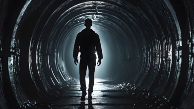 Silhouette of a man on the edge of the wood tunnel looking down. Silhouette in a subway tunnel.