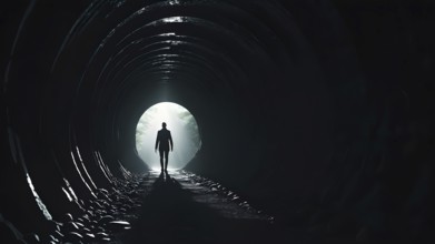Silhouette of a man on the edge of the wood tunnel looking down. Silhouette in a subway tunnel.