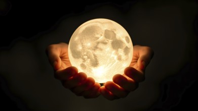 Hand grabbing the moon at night. Round full moon in hands against evening sky. Lunar model, AI