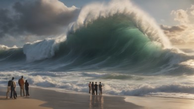 Extreme huge wave. generative ai. person stands firm and fearless in front of a huge tsunami ocean