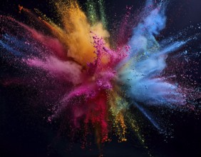 A colorful explosion powder on black background.. Multicolored powder explosion, AI generated