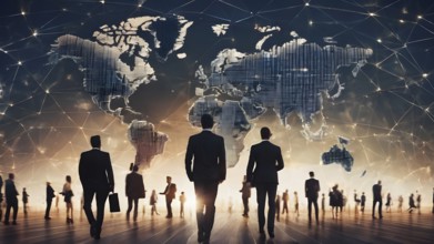 International business partnership. Business people standing silhouette on world map background,