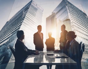 Double exposure image of business people with a modern city. Concept of teamwork, AI generated