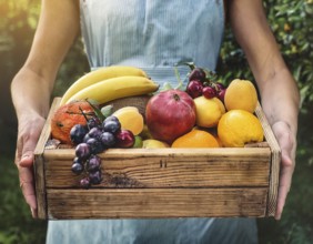 HHands hold a wooden box with fruits. Purchase and delivery of fresh fruit, AI generated