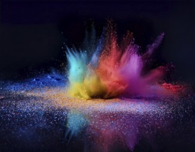 A colorful explosion powder on black background.. Multicolored powder explosion, AI generated