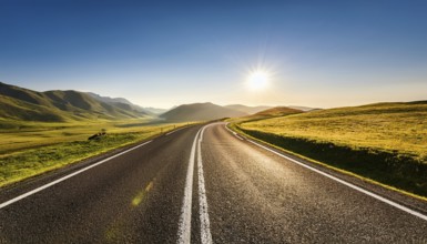 Unexplored road journeys and adventures.Road through the scenic landscape to the destination, AI