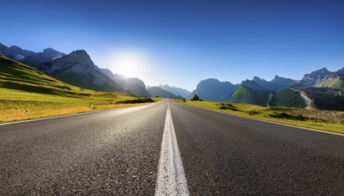 Unexplored road journeys and adventures.Road through the scenic landscape to the destination, AI