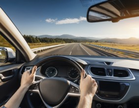 Car driving on mountain adventurous road trip journey through the scenic landscape, AI generated