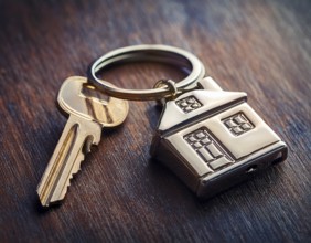 Property home and real estate insurance concept. Keychain of miniature model house. Mortgage