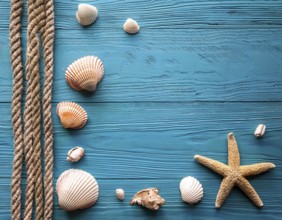 Frame of rope, seashells and starfishes is lying on a wooden textured blue background, AI generated