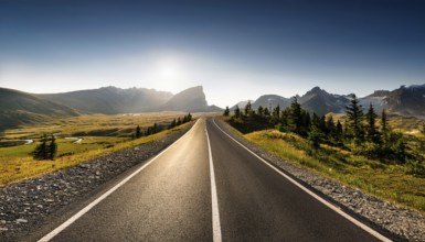 Unexplored road journeys and adventures.Road through the scenic landscape to the destination, AI