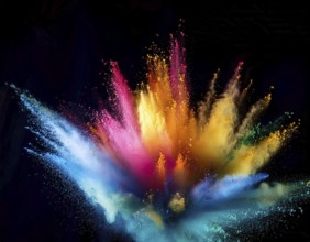 A colorful explosion powder on black background.. Multicolored powder explosion, AI generated