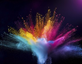A colorful explosion powder on black background.. Multicolored powder explosion, AI generated
